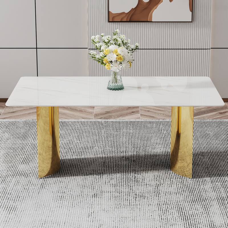 Modern minimalist dining table. The imitation marble glass desktop is equipped with golden metal legs. Suitable for rest
