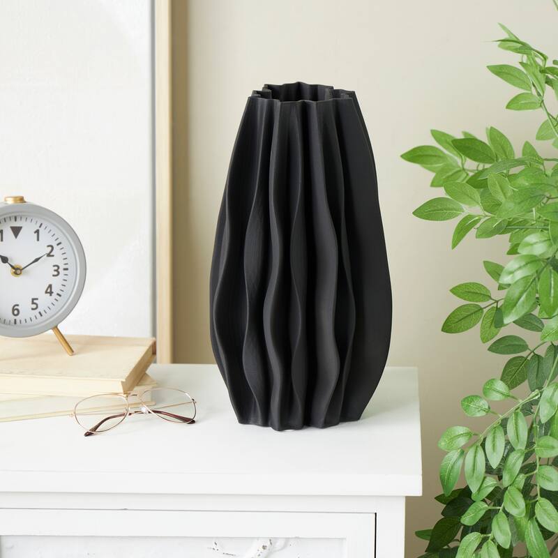 Black Ceramic Dimensional Wavy Ribbed Abstract Vase with Floral Shaped Rim