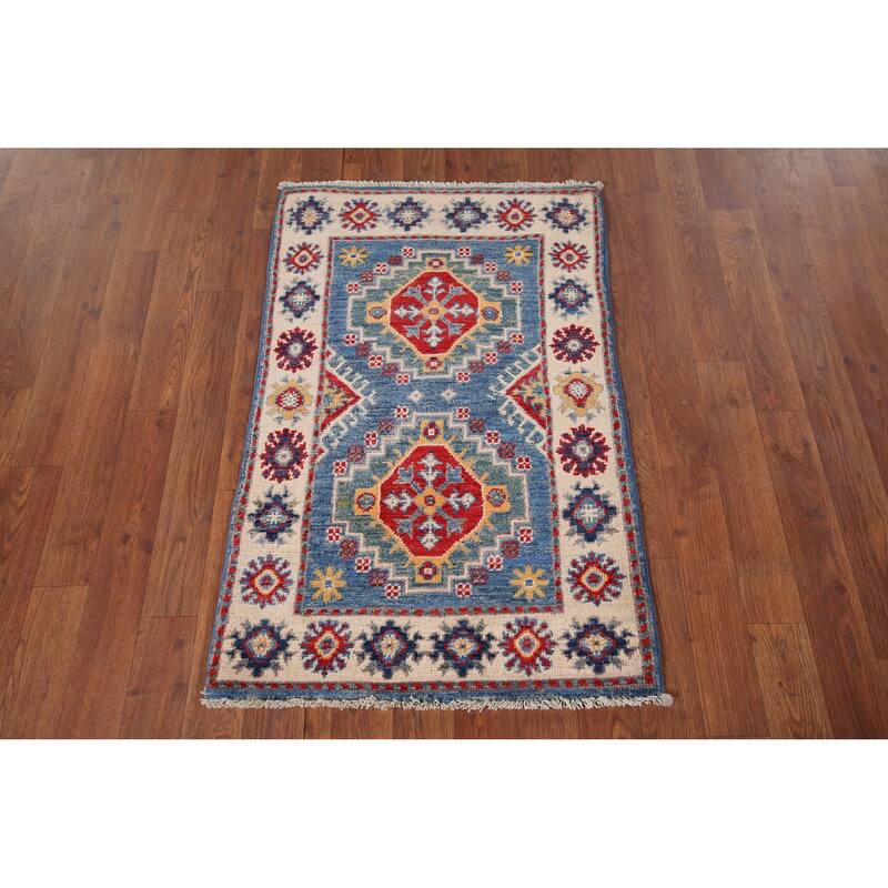 Blue Geometric Kazak Accent Rug Handmade Wool Carpet - 2'0" x 3'2"