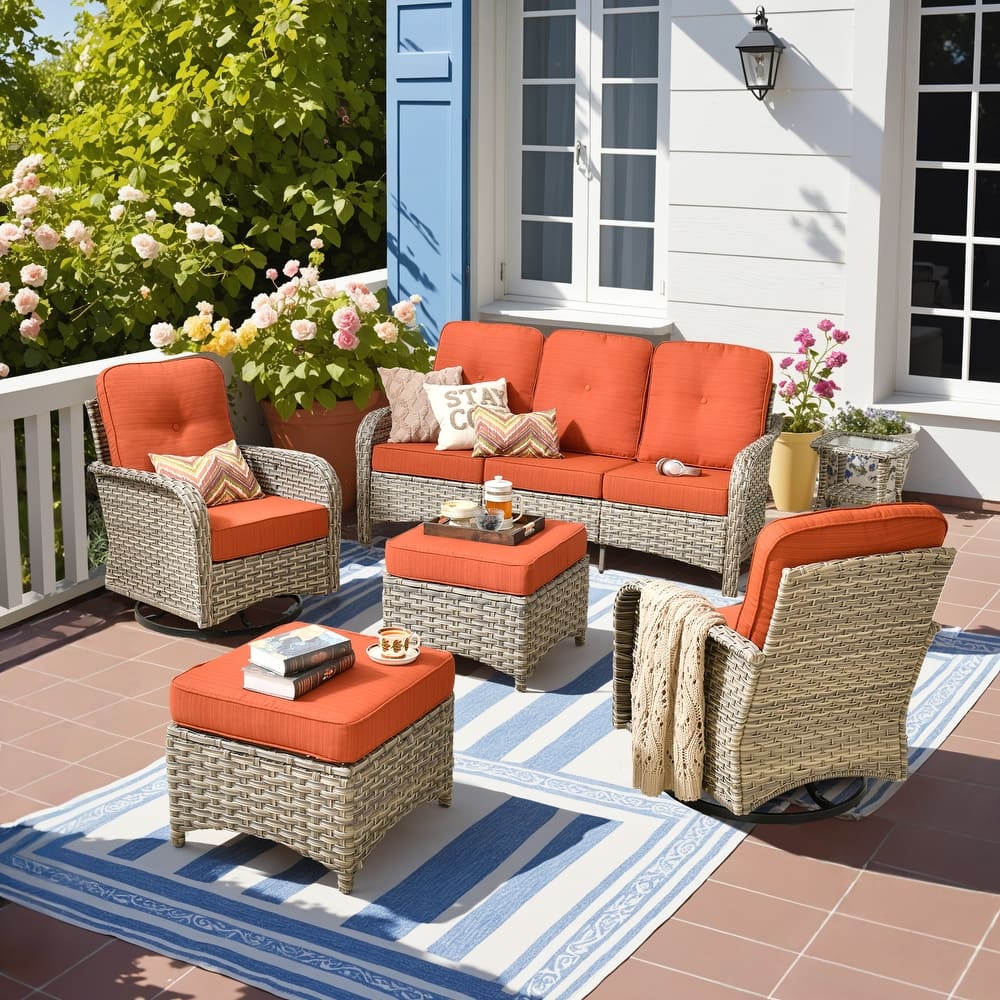 HOOOWOOO 6-piece Outdoor Furniture Wicker Rattan Swivel Chair Set with Ottoman