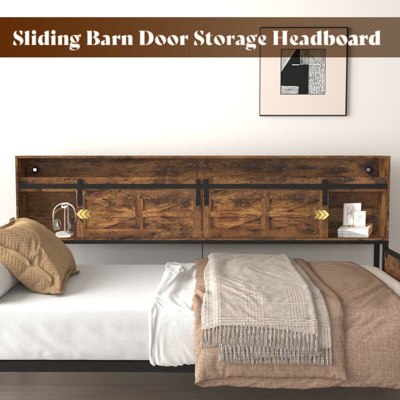 Twin Size Daybed with Trundle,Sliding Door Headboard,Charging Station