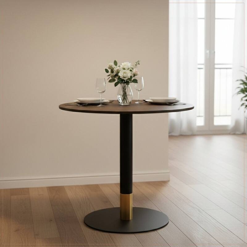Vail Round Dining Table with 27 in. MDF Tabletop in Black Stainless Steel Round Pedestal Base with Gold Accent Kitchen Table