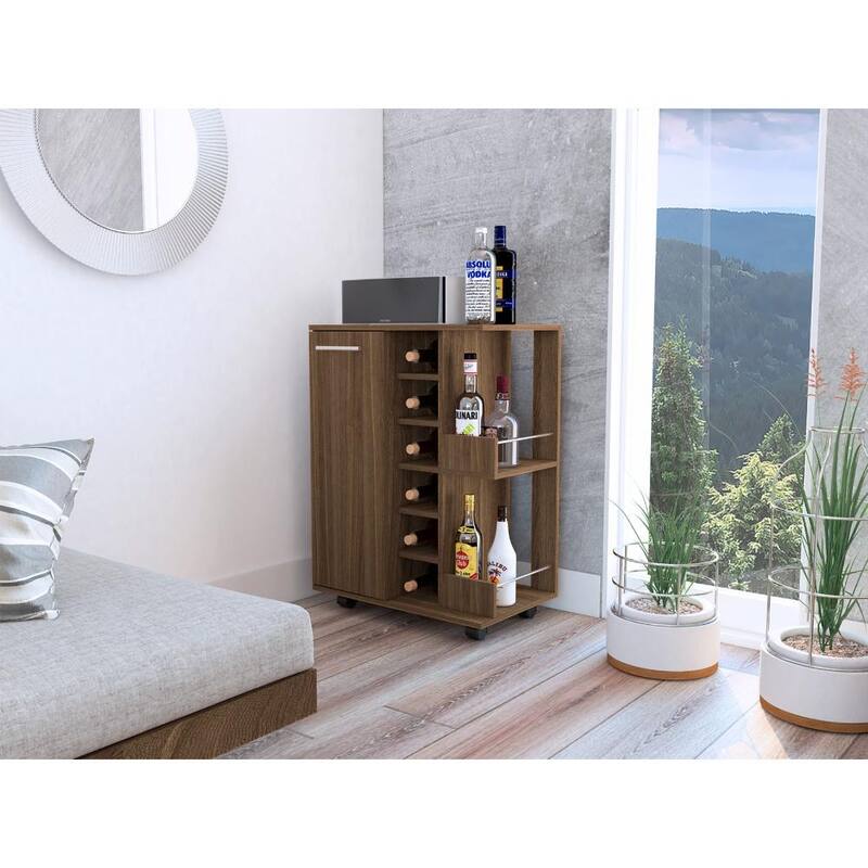 TUHOME Bar Cart, Two External Shelves, Four Casters, Six Built-in Wine Rack and Single Door Cabinet - 23" W x14"D x 32"H