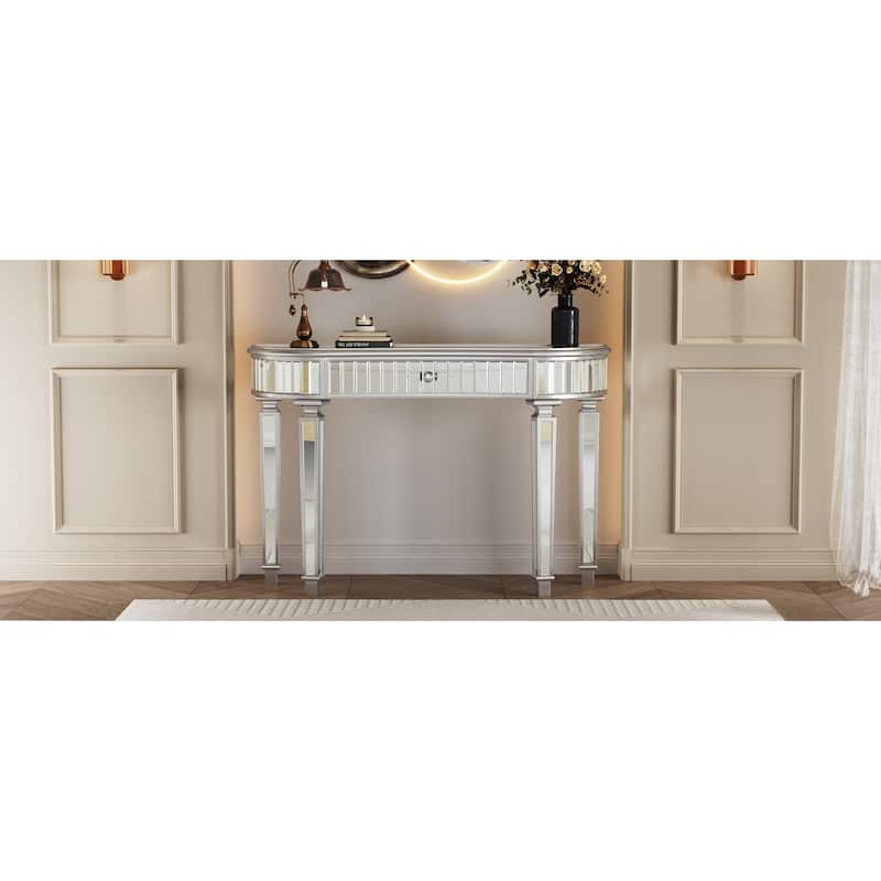 GDFStudio - 47" Half-Moon Mirrored Console Table with Fluted Glass & Crystal Knob Drawer