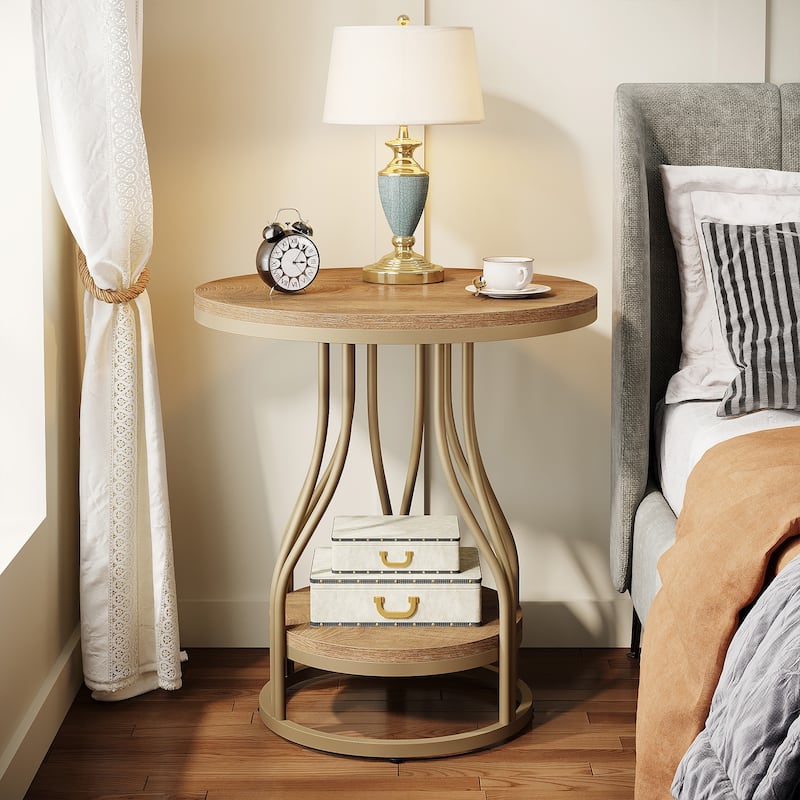 2-Tier Round End Side Table, Modern Nightstand