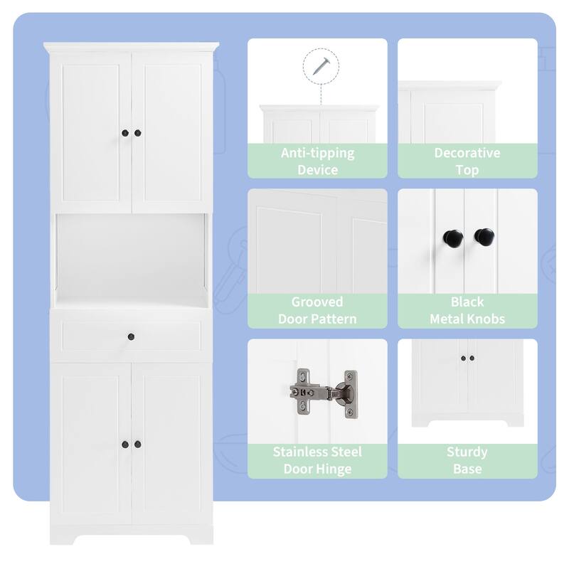 Storage cabinets with doors and open storage shelves