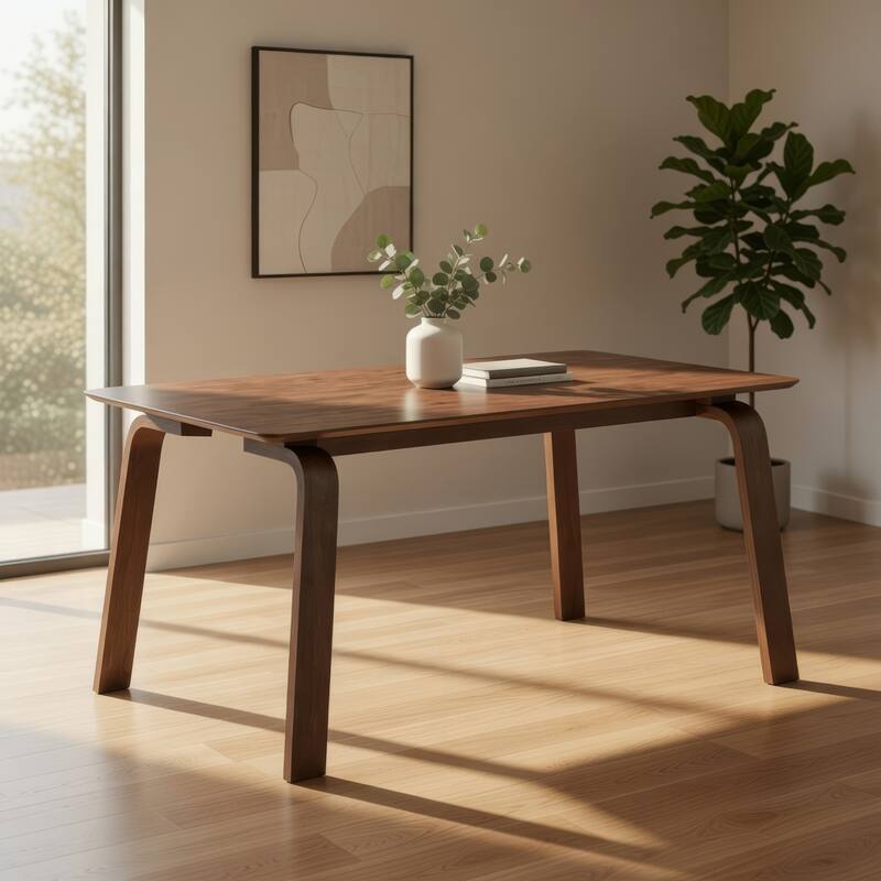 Kinni Dining Table, Walnut Brown Wood, Bent Legs, Rectangular 63 Inch
