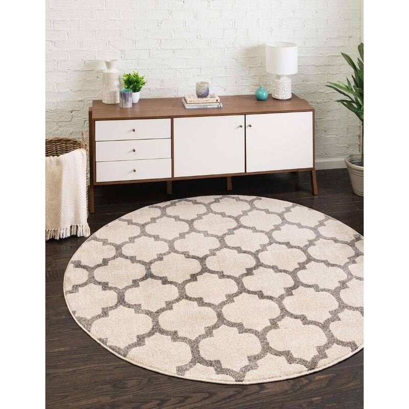 Contemporary Akiva Collection Area Rug - 8' Round - Beige-Gray