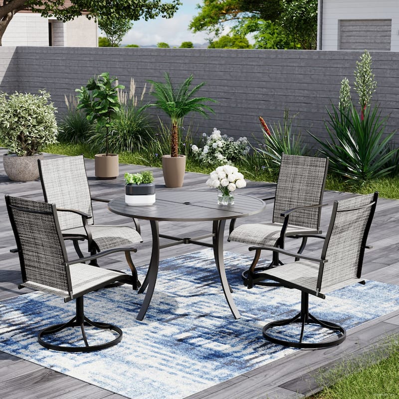 Patio Dining Set with Textilene Chairs / Swivel Rockers, Table w Adjustable Umbrella Hole - 5 Piece Round - Swivel--Grey