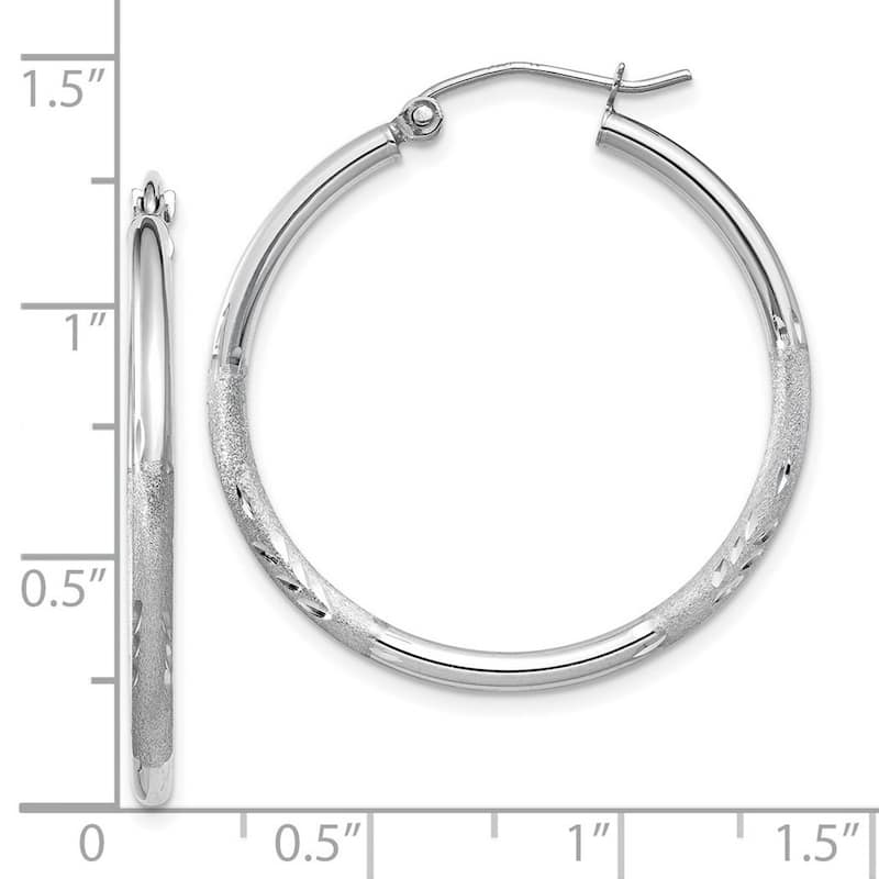 Curata 14k White Gold Satin and Sparkle Cut Round Hoop Earrings - 30x30mm