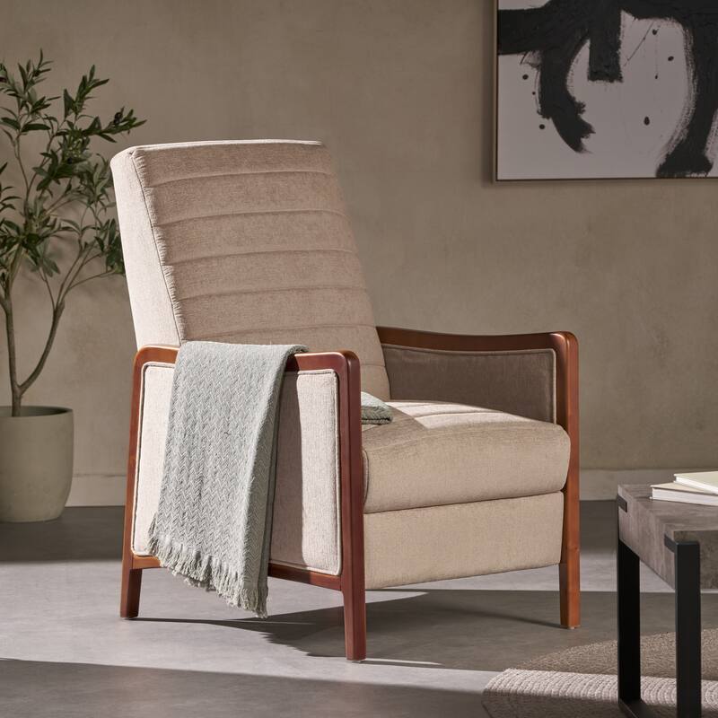 Roomfitters Mid Century Modern Fabric Channel Stitch Wood Pushback Recliner, Elegant Recliner for Living Room
