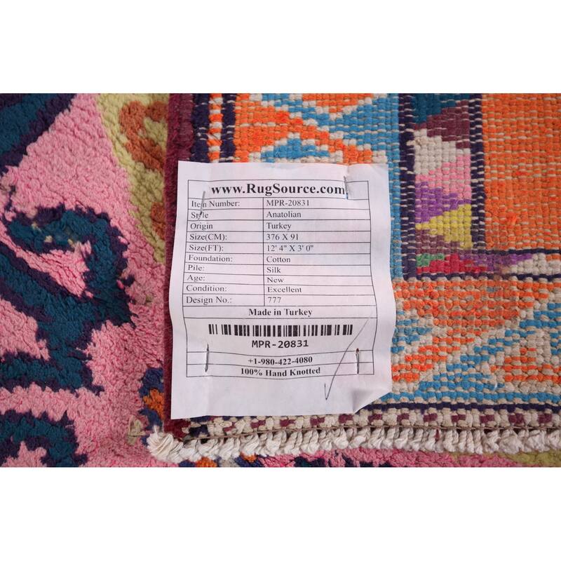 Orange Geometric Anatolian Oriental Runner Rug Handmade Silk Carpet - 3'0"x 12'4"