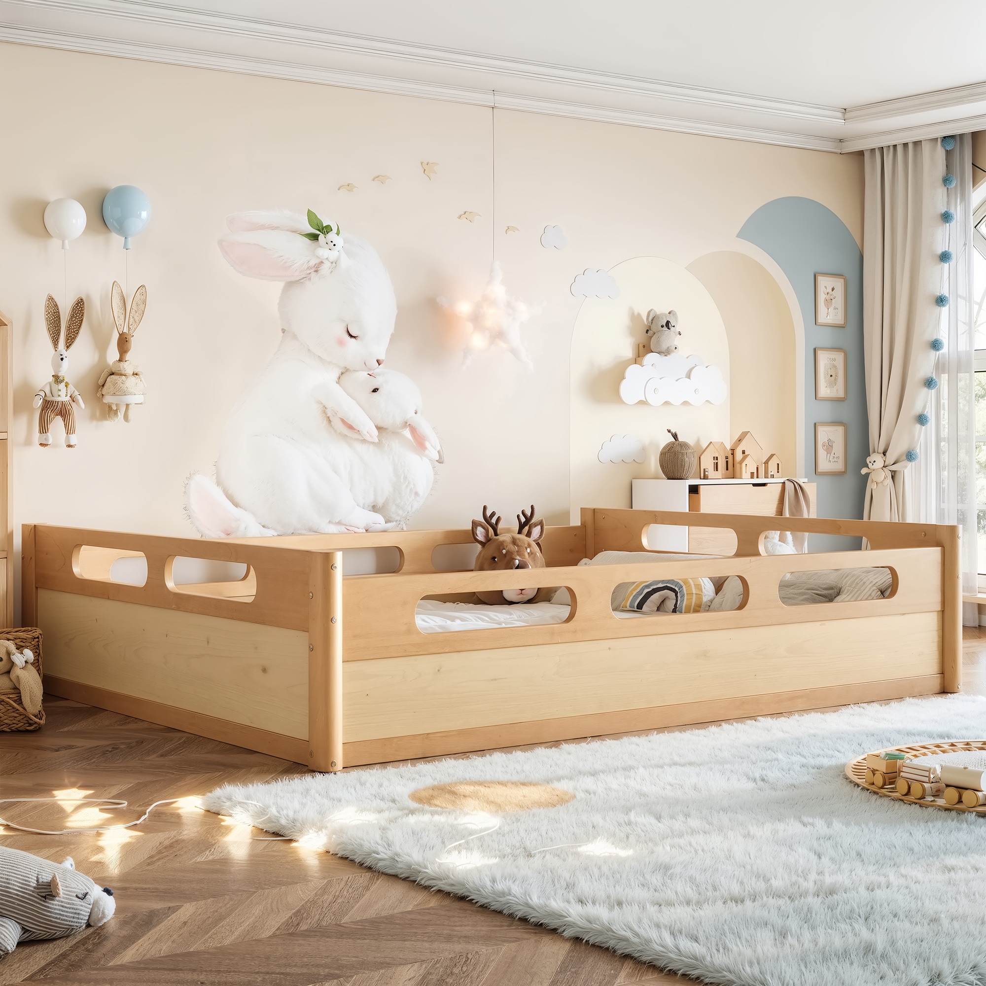 Roomfitters Wood Floor Platform Bed, Full-Length Cutout Guardrails, Montessori Low Profile Bed with Wood Slats