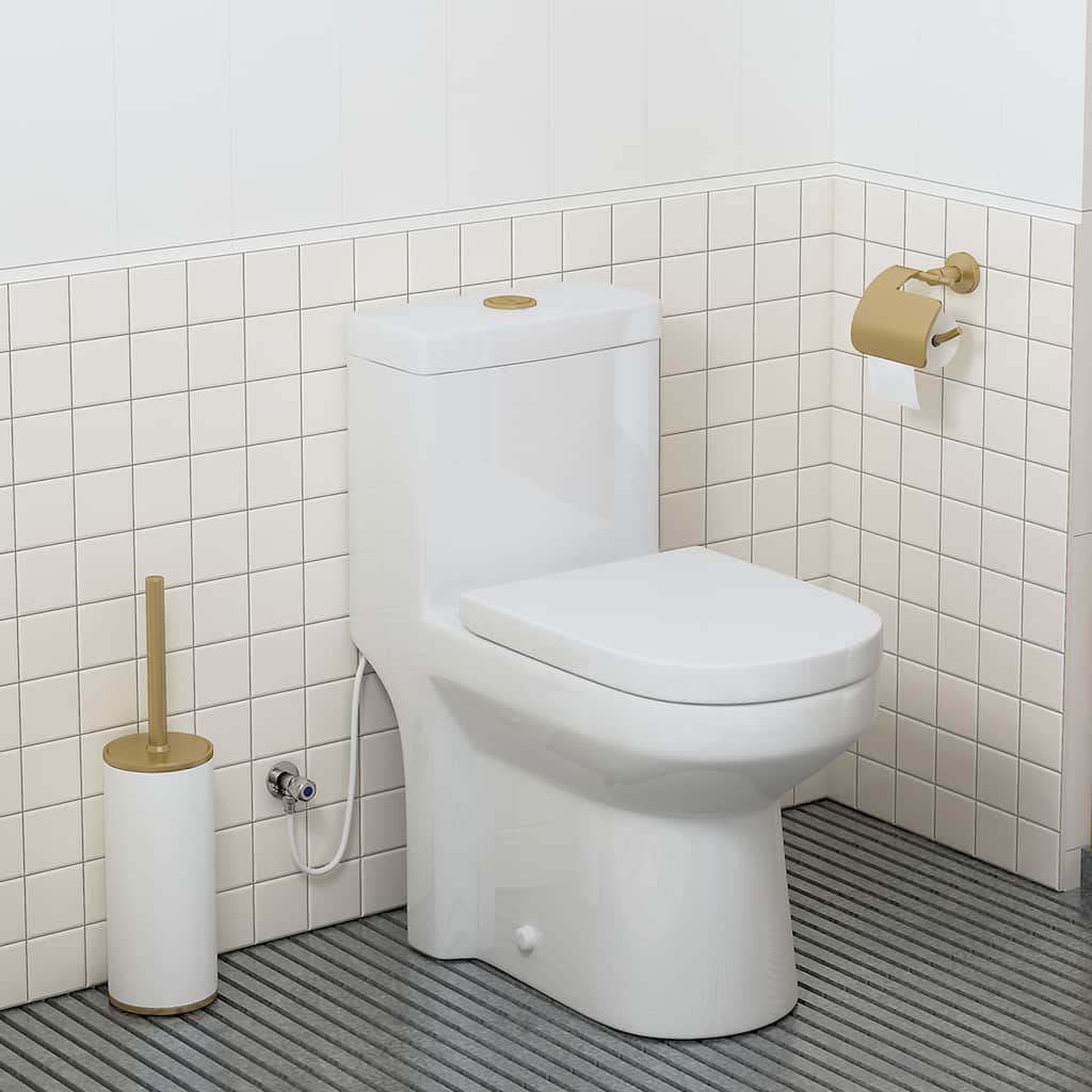 HOROW One Piece White Dual Flush Toilet 0.8/1.28 GPF Seat Included with Brushed Gold Actuator - N/A