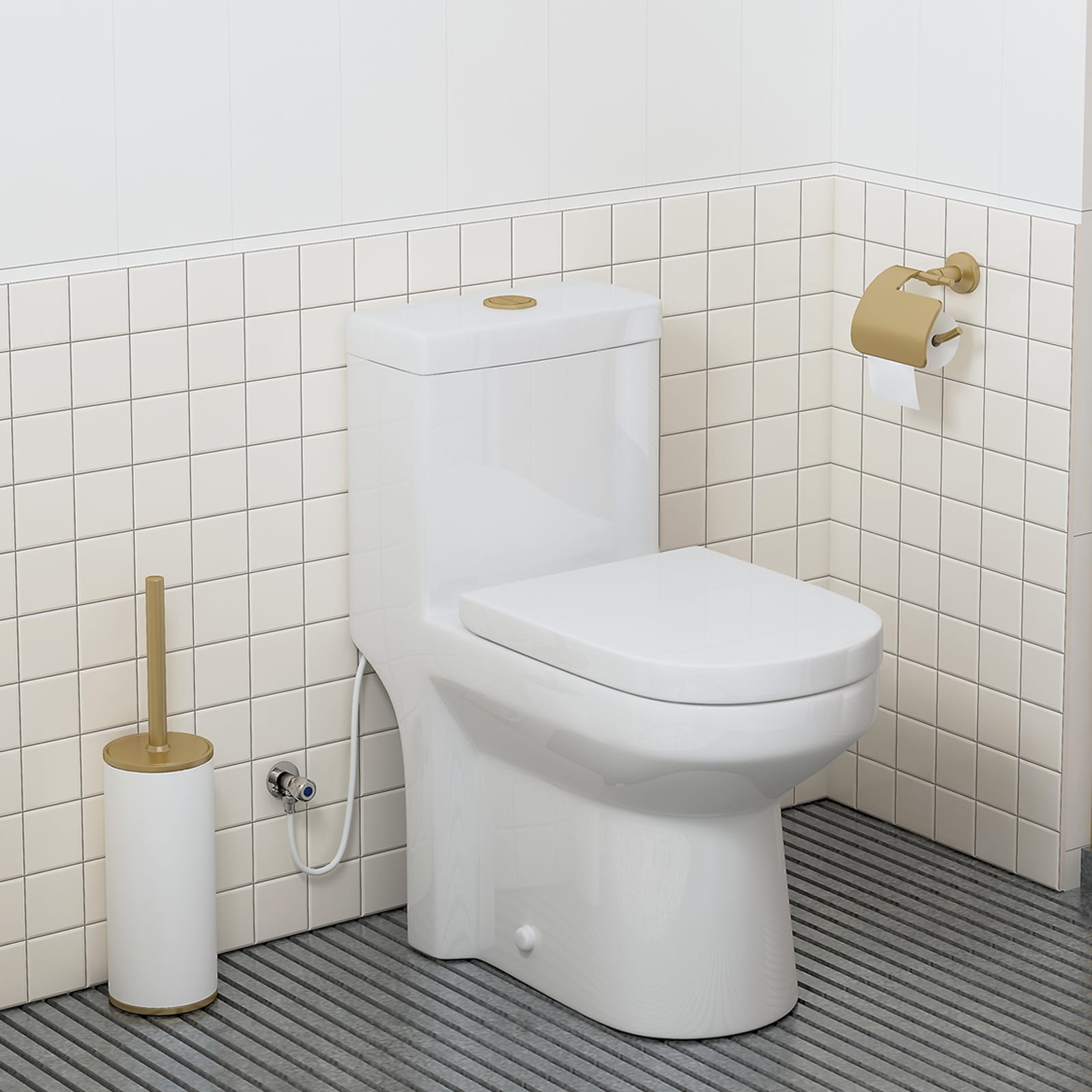 HOROW One Piece White Dual Flush Toilet 0.8/1.28 GPF Seat Included with Brushed Gold Actuator