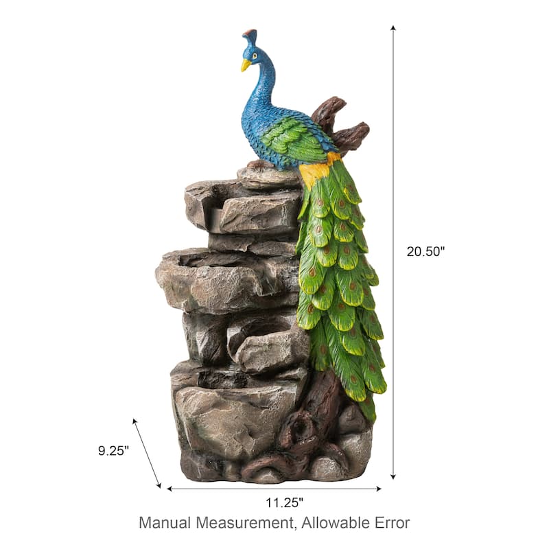 Glitzhome 20.5"H 4-Tierd Lighted Peacock Stacked Stones Polyresin Outdoor Floor Fountain