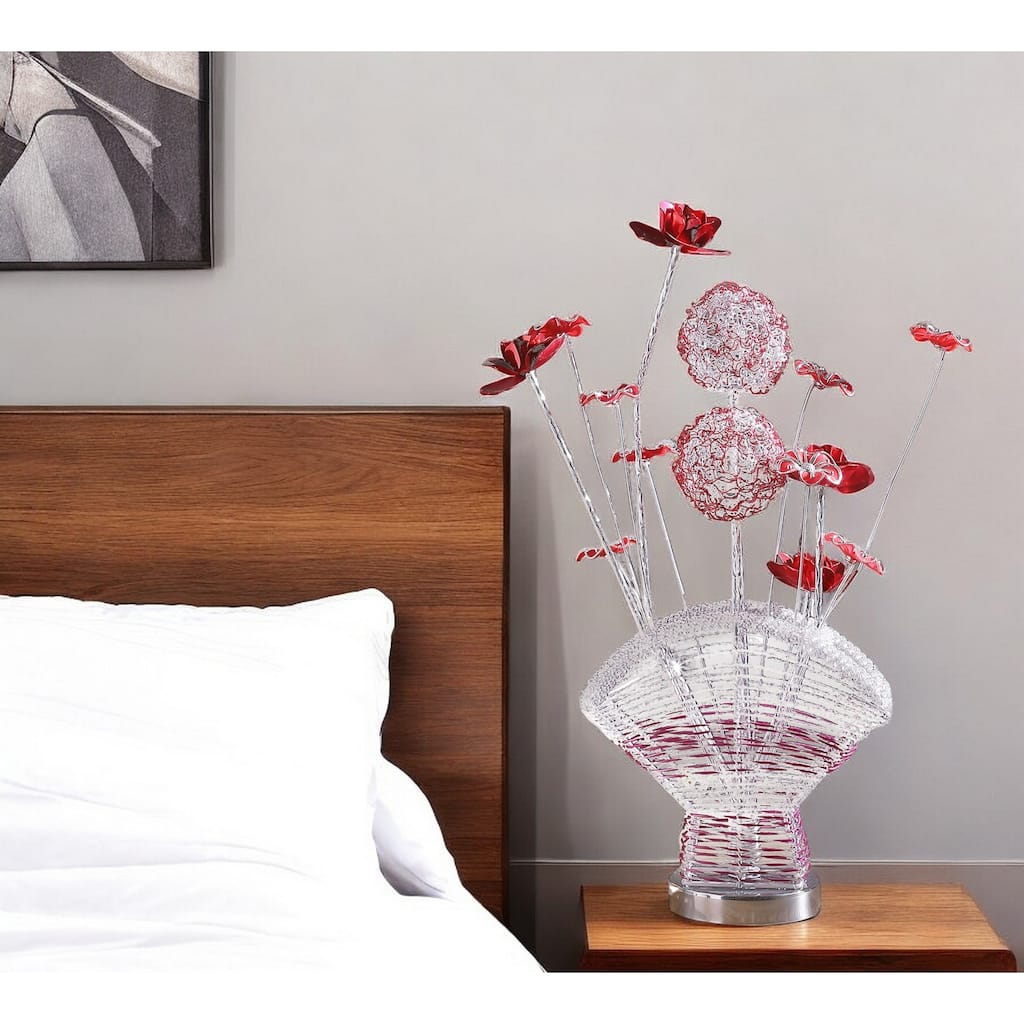 HomeRoots 22" Silver and Clear Metal and Acrylic Red Rose Bedside Lamp - 4.5