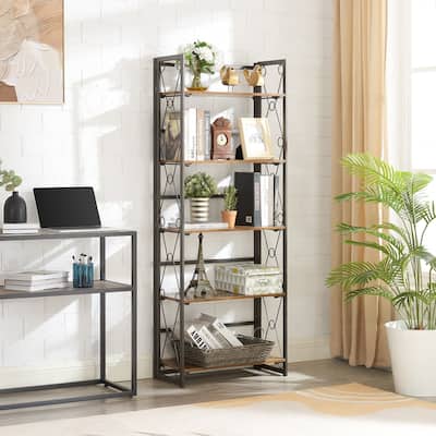 5-Shelves Bookshelf Industrial Folding Wooden Bookcase with Metal Frame