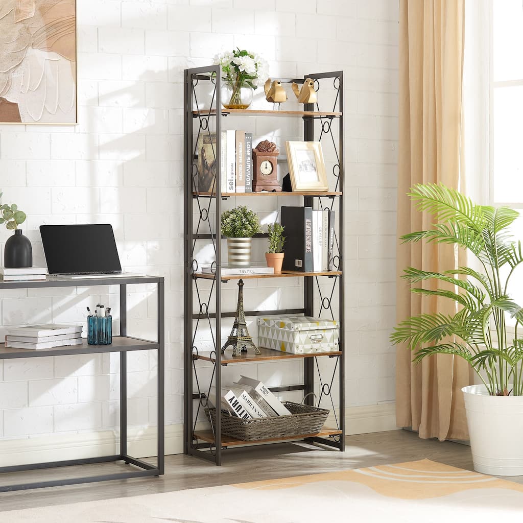 5-Tier Bookshelf Industrial Modern Open Bookcase with X-Design Metal Frame Large Storage Shelf for Living Room Home Office