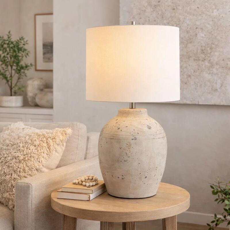 Table Lamp, Round Linen Shade, 24 Inch Distressed White Ceramic Body