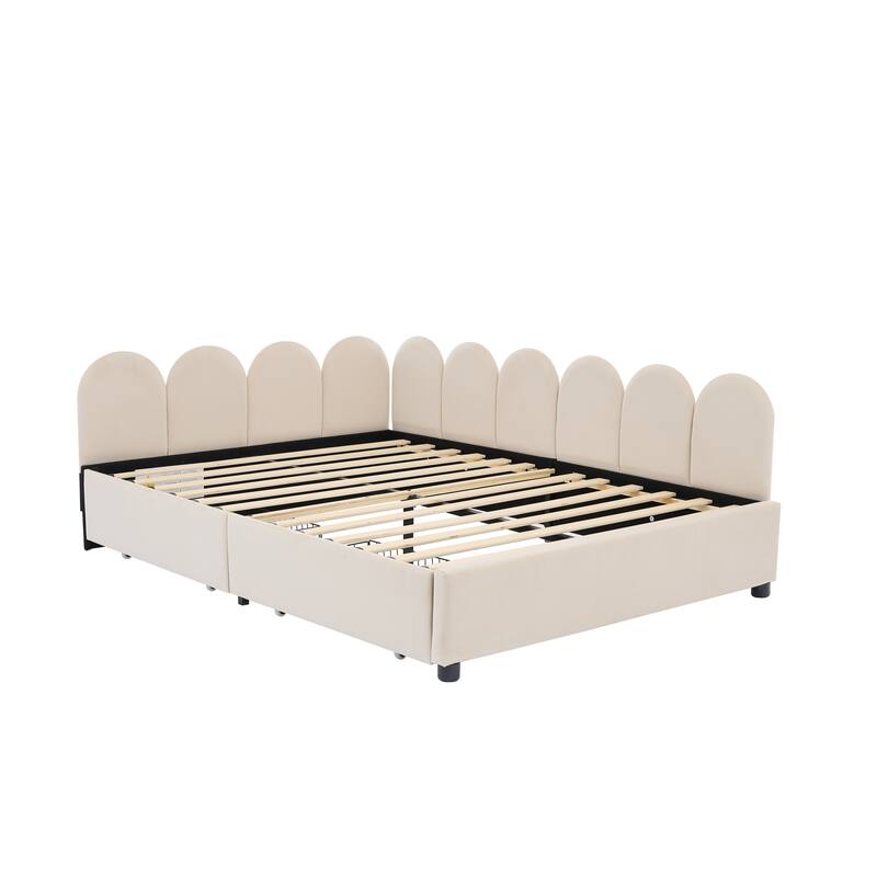 Full Size Velvet Upholstered Daybed with Two Drawers and Soft Headboard