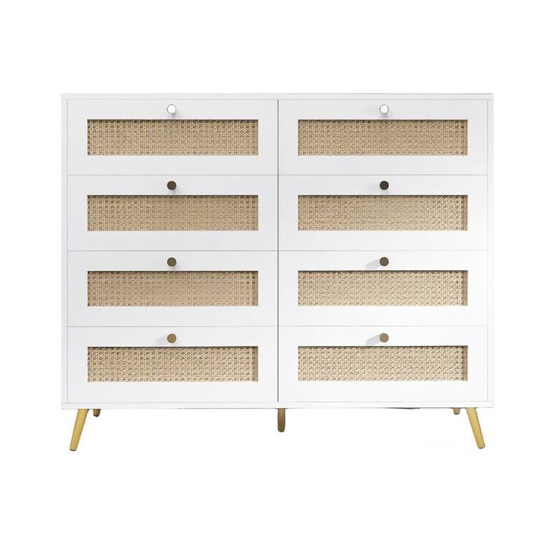 Modern Dressers Chest with 8-Drawer and Rattan Faces, Golden Legs, and Handles