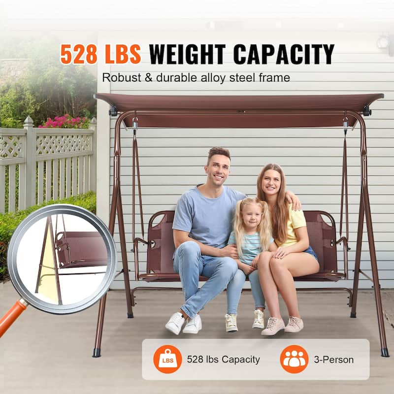 Outdoor Swing Chair for 3 Adjustable Canopy, Alloy Steel Frame, Brown - 68.5"×43.1"×61"
