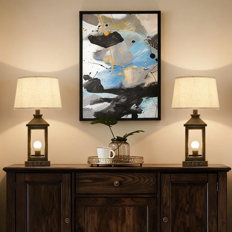 20.5" Set of 2 Vintage Table Lamps for Living Room, Farmhouse Industrial Nightstand Lamp with USB C+A (Including Light Bulbs) - Black+Gold