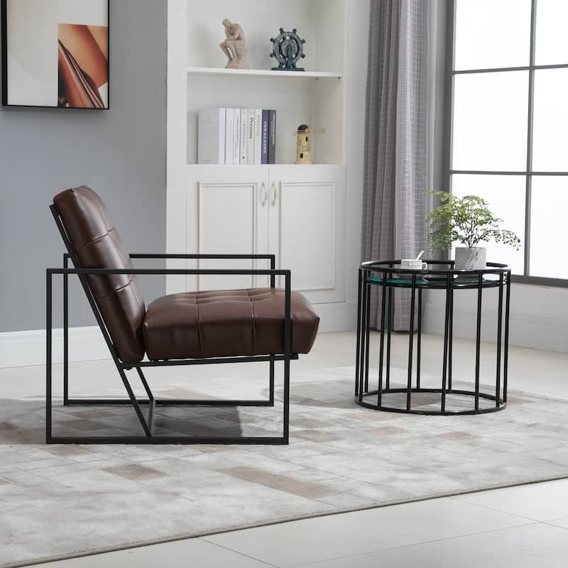 HOMCOM Mid-Century Modern Accent Chair Faux/Leather Sofa Button Tufted Armchair with Metal Frame, Brown - 24.5"x29.25"x30.75"