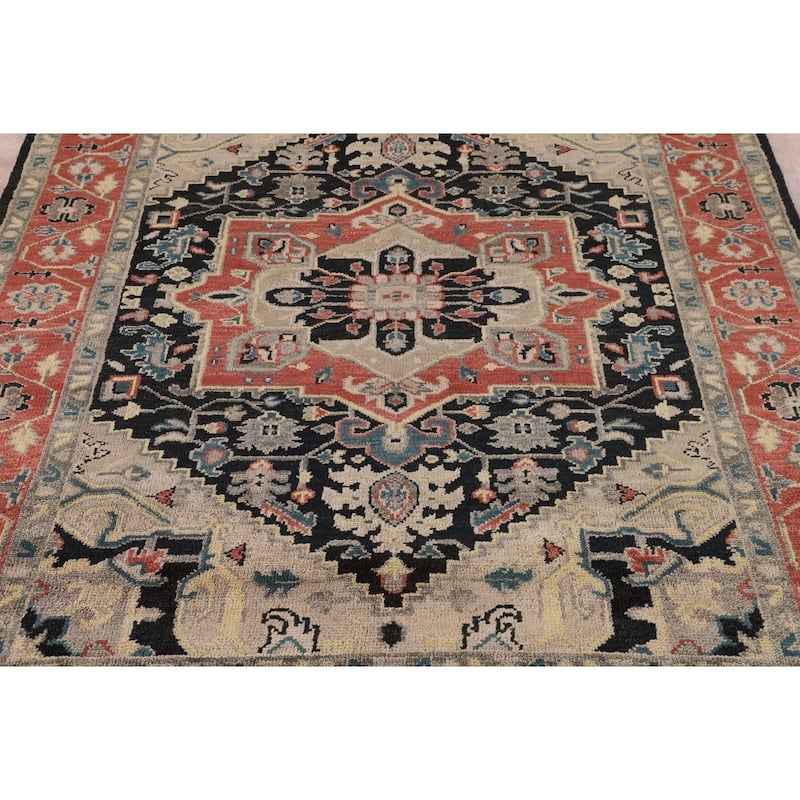 Black Geometric Heriz Serapi Indian Area Rug Hand-Knotted Wool Carpet - 7'11" x 9'9"
