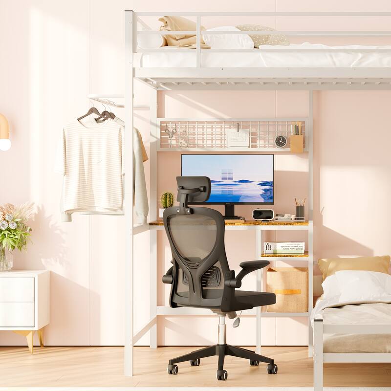 Bunk Bed Twin Over Twin Size with Desk Station L-Shaped Metal Bunk Bed Storage Shelves and Drawers Loft Beds