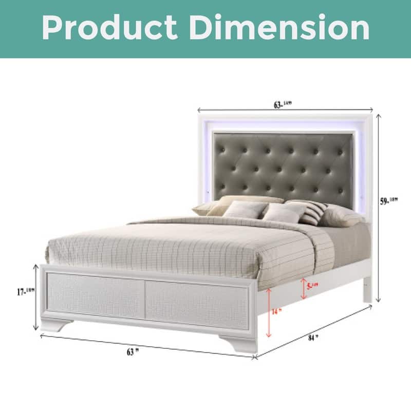 Glam Style queen bed White platform Solid Wood led bed
