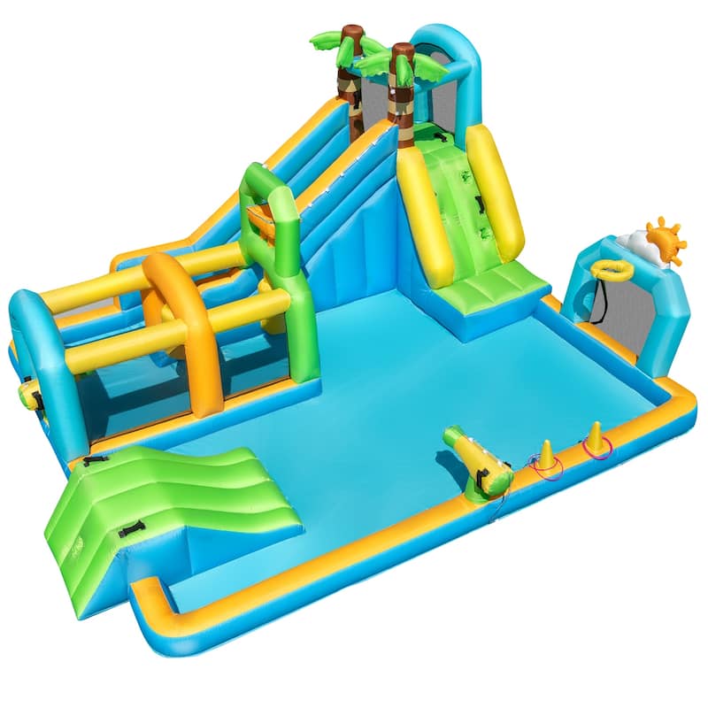Costway Inflatable Water Park with Climbing Wall Basketball Rim Target - Multi-Colored
