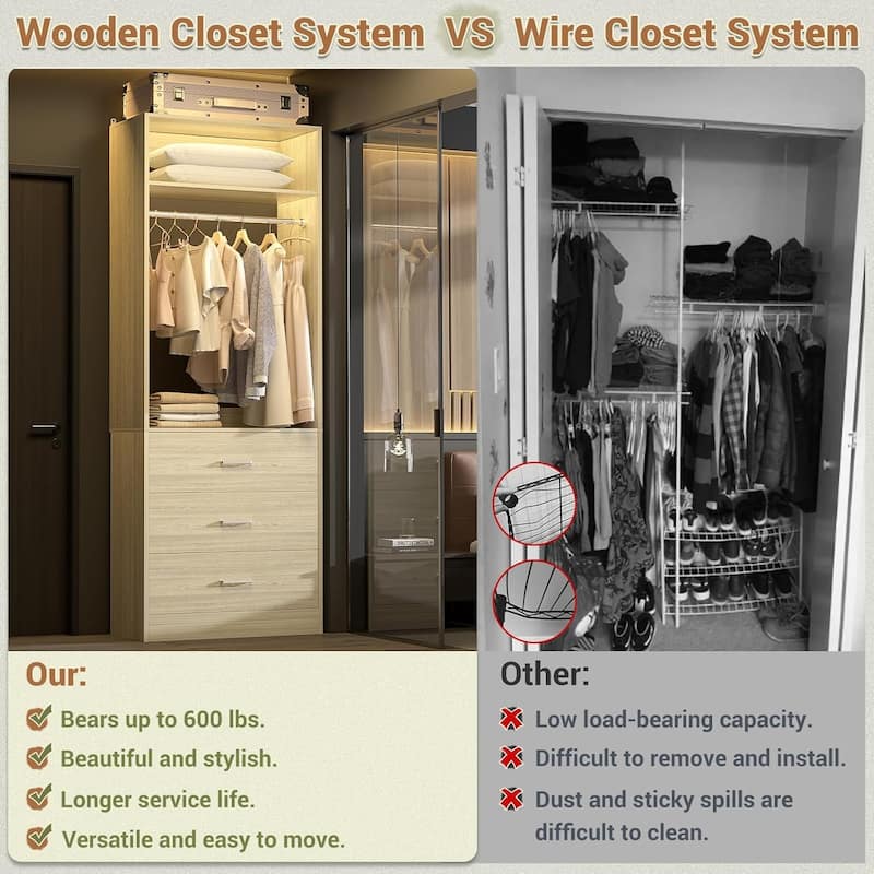 Kyrvo 24" Freestanding Closet Organizer System with Hanging Rod & Shelves,Heavy Duty Closet System with 3 Wood Drawers