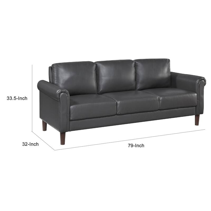 Lo Sofa w Rolled Arms, Midcentury Dark Gray Faux Leather 79 Inch