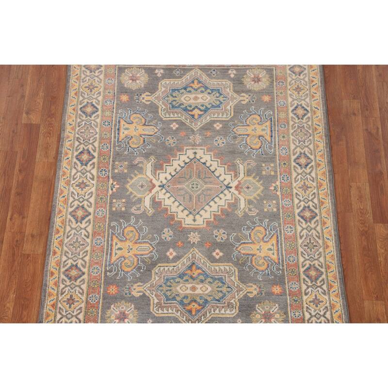 Gray Geometric Kazak Area Rug Handmade Wool Carpet - 4'0"x 5'11"