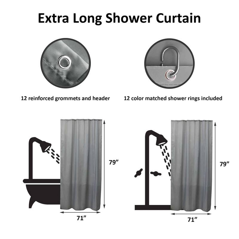 Extra Long Shower Curtain Polyester 12 Rings 79"L x 71"W