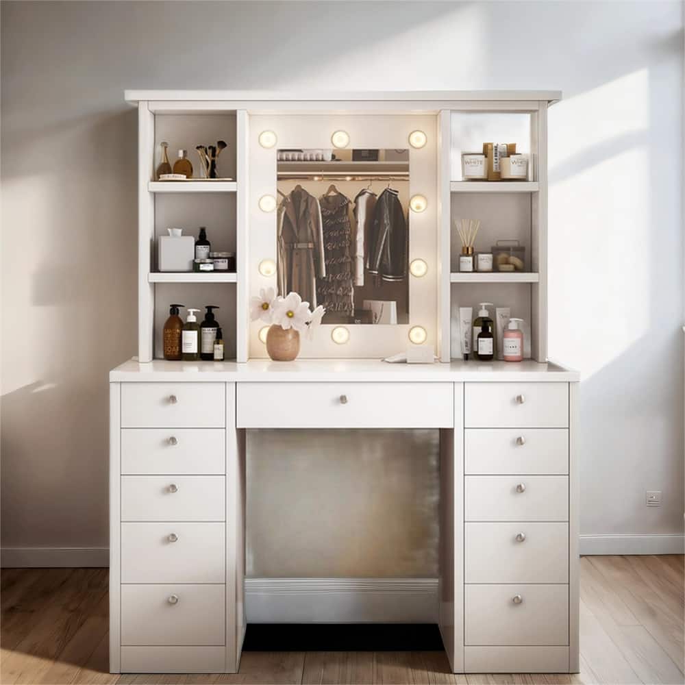 Wood Makeup Vanity Set with LED Lighted Mirror and 11 Drawers
