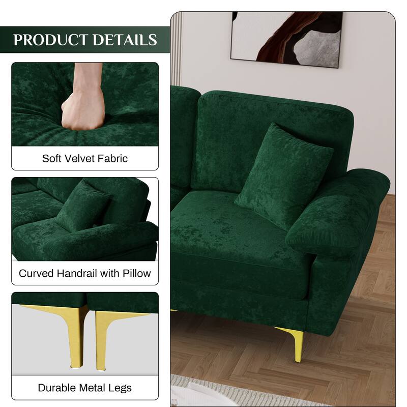 Ouyessir 2-Pieces Upholstered Velvet Sectional Sofa with 2 Pillows & Ottoman
