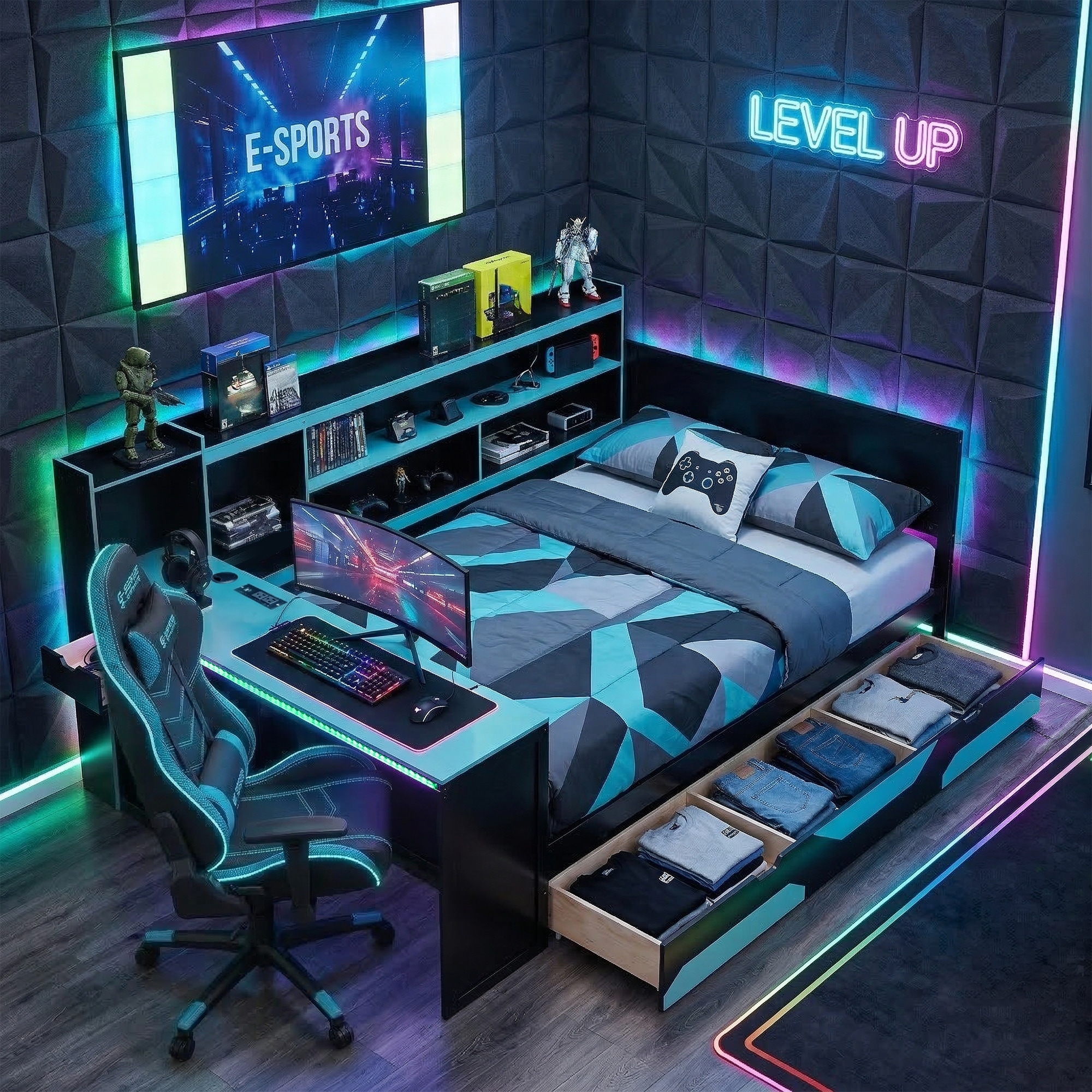 Gamer Hub Daybed with Desk, RGB Lights, Charging Station, 3 Storage Drawers & Headboard Shelves by Harper&Bright Designs