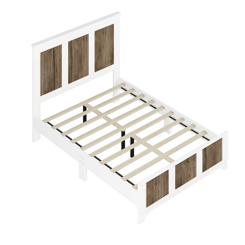 Stylish Platform Bed Slats Support Wood Bed, Rustic Farmhouse Style Bed Frame with Wooden Strip Decoration Elevated Headboard