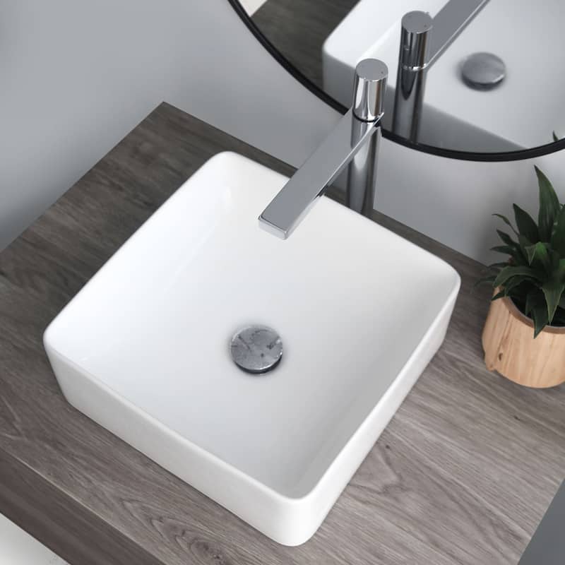 STYLISH 14 1/2 inch Square Porcelain Bathroom Sink - 14 1/2" x 14 1/2" x 5" - White