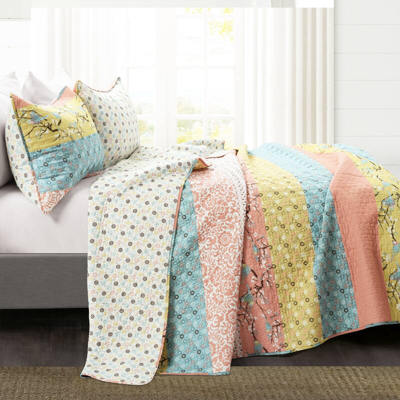 The Curated Nomad La Boheme Floral Cottage 3-piece Striped Quilt Set
