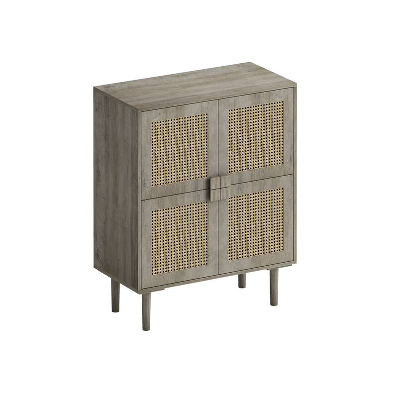 Anmytek Grey Woodgrain 4 Door Rattan Sideboard with 8 Storage Shelves Boho Buffet Cabinet