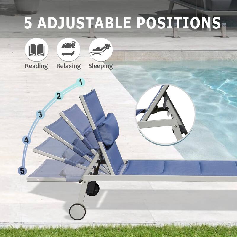 Outdoor Patio Chaise Lounge Set of 3, Aluminum Pool Lounge Chairs with Side Table & Wheels, Padded Adjustable for Poolside Beach