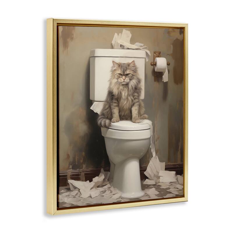 Stupell Cat & Torn Toilet Paper Framed Floater Canvas Wall Art Design By Arlington Prints