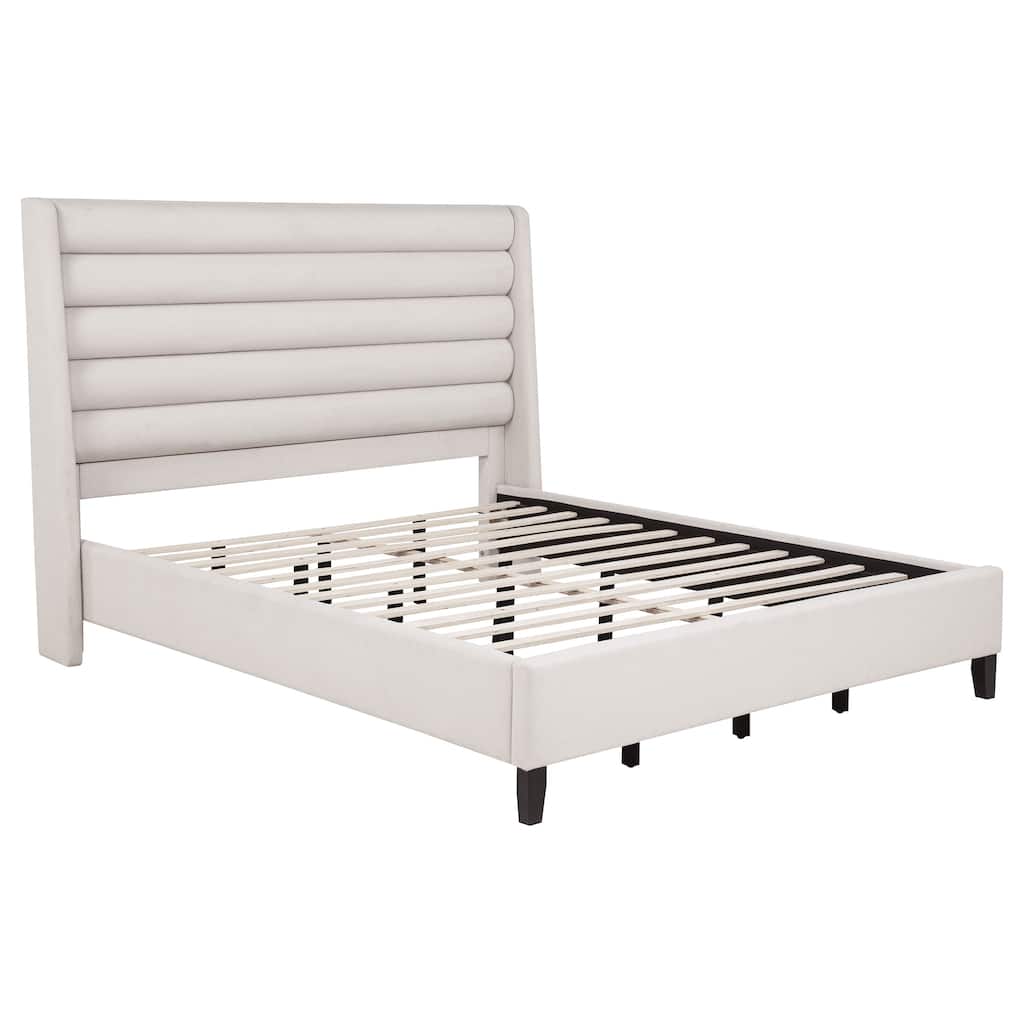 Leslie Upholstered Tufted Wingback Platform Bed Beige