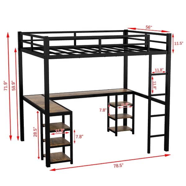 Full Size Metal Loft Bed with Desk, Shelves, Ladder, and Guardrails