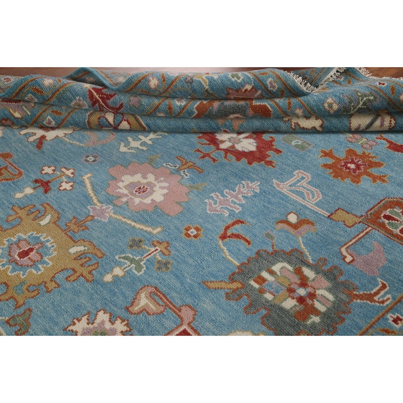 Blue Floral Oushak Area Rug Handmade Wool Carpet - 8'10"x 11'10"