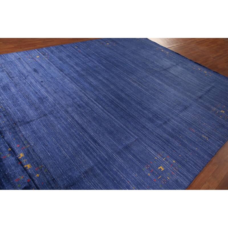 Blue Striped Gabbeh Oriental Area Rug Handmade Silk Carpet - 8'10" x 11'5"